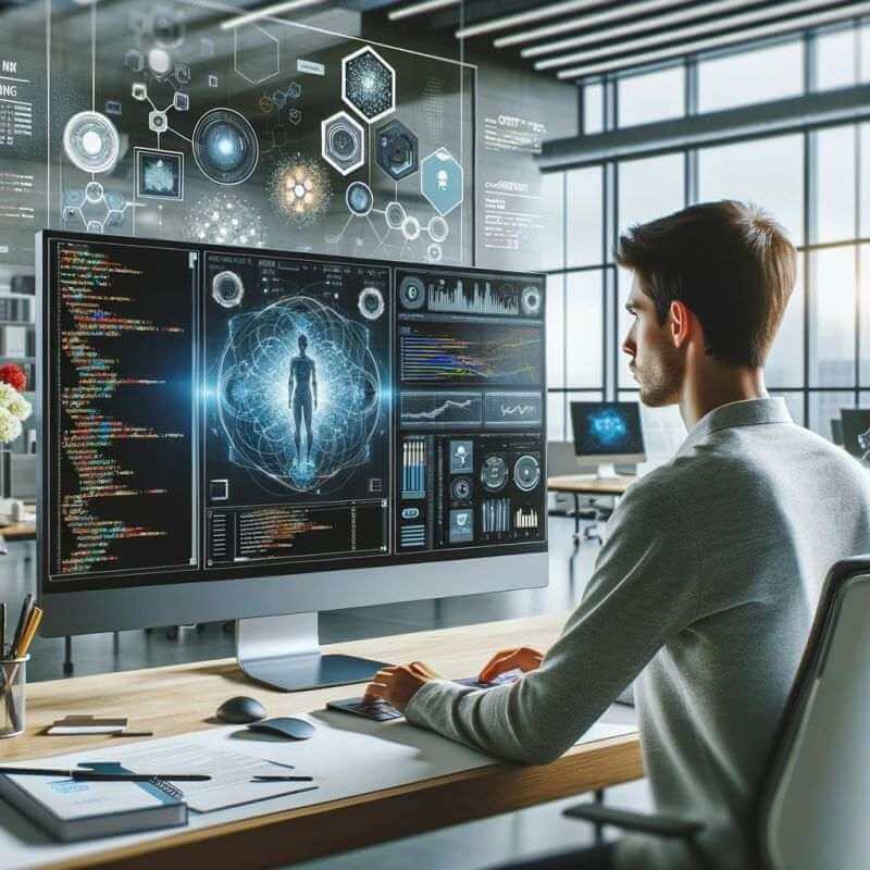 A man sits before the Pc and QA Automation Engineers